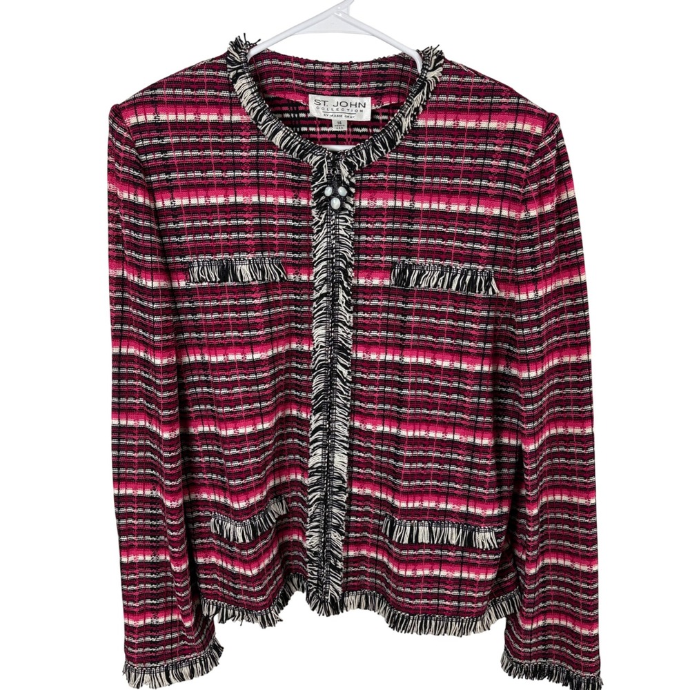 Vtg St. John Collection Jacket 14 Pink Tweed Knit Fringe Cardigan Blazer Luxury
